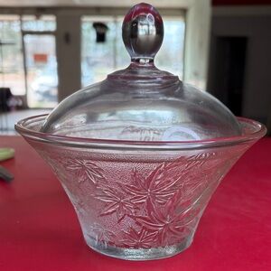 Clear Glass Lidded Bowl with Leaf Design